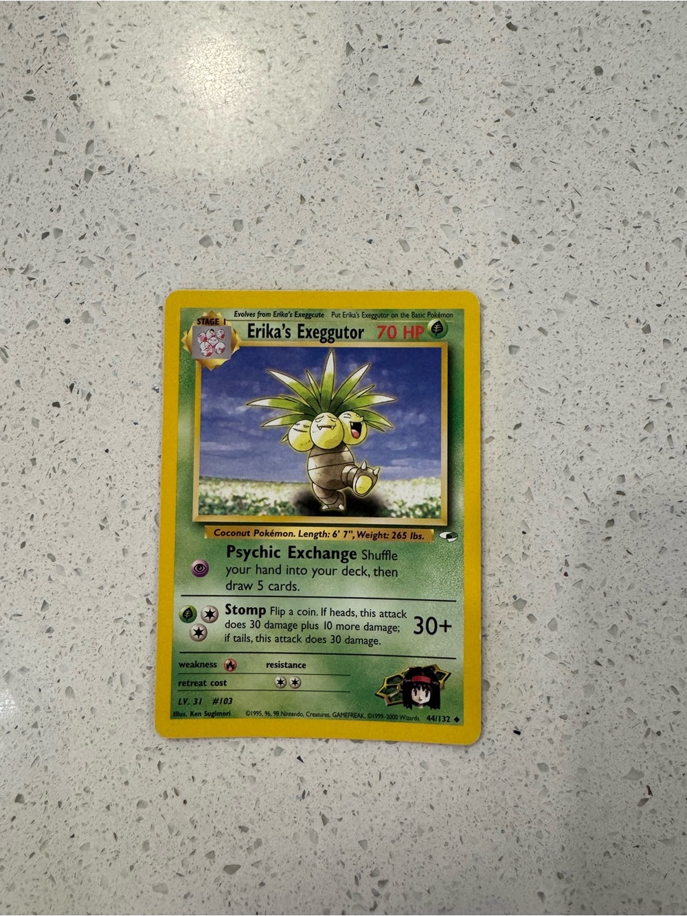 This is a 1999-2000 Pokemon Gym Heroes Erika's Exeggutor trading card.